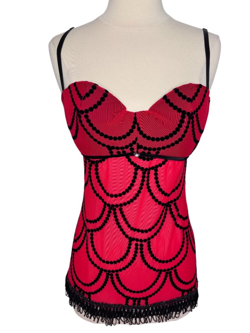 Frederick's of Hollywood Red Black Lined Bust Sheer Back Babydoll Lingerie 36/L
